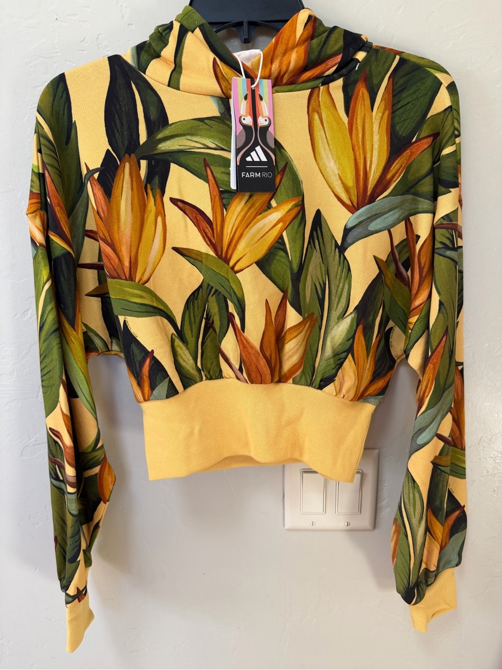 Farm Rio x Adidas Yellow Gold Tropical Floral Print Crop Long Sleeve Hoodie XS